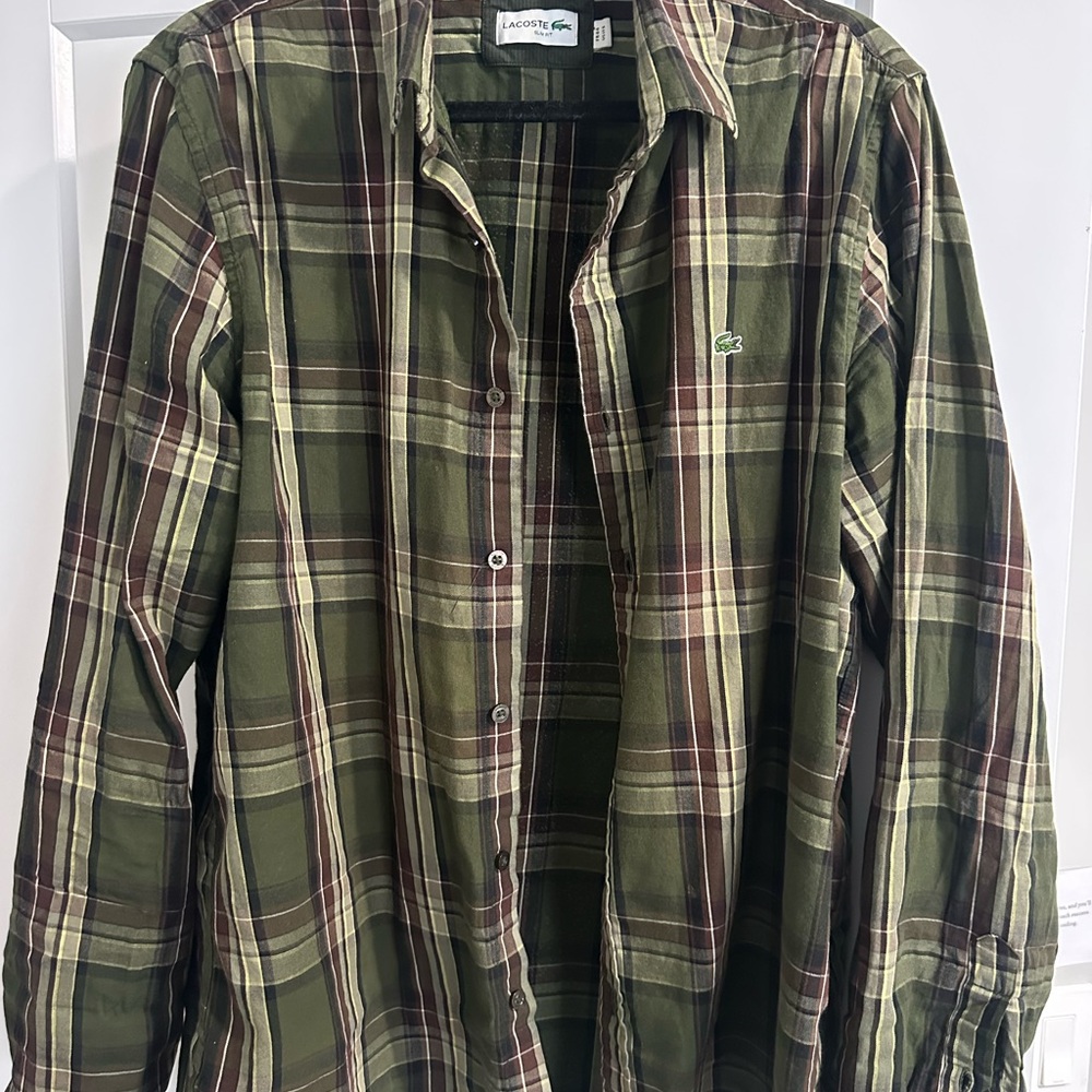Lacoste Men's Olive and Brown Plaid Shirt